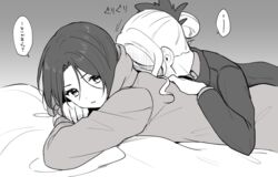  2girls bad_id bad_pixiv_id bed_sheet christina_(princess_connect!) christina_(real)_(princess_connect!) collared_shirt commentary_request cowgirl_position eyebrows_hidden_by_hair greyscale hair_between_eyes hair_bun hair_ornament highres ichiren_namiro jacket jun_(princess_connect!) long_sleeves lying monochrome multiple_girls on_bed on_stomach parted_bangs parted_lips pillow princess_connect! shirt short_hair single_hair_bun translated 