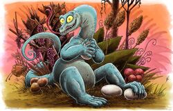  2018 5_fingers anthro berry claws detailed_background disney egg excited female fingers food forked_tongue fruit fungus grin hi_res holding_egg holding_object joanna_the_goanna jwbalsley lizard long_neck long_tail monitor_lizard multicolored_body mushroom outside plant reptile scalie smile solo tail teeth the_rescuers_(disney) the_rescuers_down_under tongue tongue_out two_tone_body villainous 