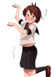  absurdres bad_id bad_twitter_id blush brown_hair commentary embarrassed female frown golshi&#039;s_first_place_pose highres horse_pose inactive_account kantai_collection navel parody paw_pose sailor_collar school_uniform serafuku shikinami_(kancolle) shikinami_kai_ni_(kancolle) short_hair solo standing standing_on_one_leg sweatdrop umamusume yonemiya_inaho 