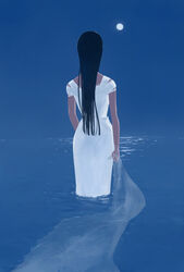  arm_at_side black_hair dark-skinned_female dark_skin dress dyuba000 facing_away female full_moon highres moon night ocean original solo veil_removed wading white_dress 