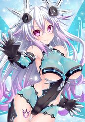  areolae bare_shoulders black_heart_(chaos_form) black_heart_(neptunia) blush breasts claws corruption dark_persona elbow_gloves female gloves grey_hair hair_ornament highres kazuneko_(wktk1024) large_breasts long_hair looking_at_viewer multicolored_hair navel nepnep_connect:_chaos_chanpuru neptune_(series) pink_eyes pink_hair power_symbol power_symbol-shaped_pupils smile solo symbol-shaped_pupils tattoo two-tone_hair underboob very_long_hair 