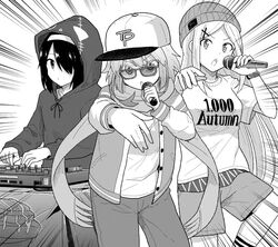  3girls alternate_costume baseball_cap closed_mouth denim gabriel_dropout greyscale hair_ornament hair_over_one_eye hairband hat highres hip_hop holding holding_microphone hood hood_up hoodie jacket jeans kurona_mei long_hair long_sleeves looking_at_viewer medium_hair microphone monochrome multiple_girls open_mouth pants scarf shinohara_chiaki short_hair short_sleeves sunglasses tapris_chisaki_sugarbell tapris_sugar_step tenma-gav track_jacket very_long_hair x_hair_ornament 