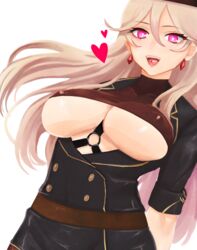  arms_behind_back blonde_hair breasts earrings enhancement_capsule_(girls&#039;_frontline) female girls&#039;_frontline heart heart_print highres jacket jewelry large_breasts long_hair looking_at_viewer mole mole_under_eye open_mouth pill ptrd_(girls&#039;_frontline) purple_eyes saliva solo tuguoji turtleneck white_background 