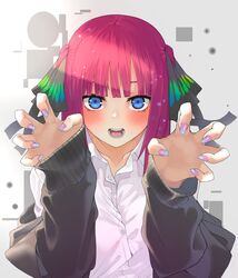  absurdres black_cardigan black_ribbon black_sweater blue_eyes blunt_bangs blush butterfly_hair_ornament cardigan claw_pose collared_shirt commentary dress_shirt female fingernails go-toubun_no_hanayome hair_ornament hair_ribbon highres kesuno looking_at_viewer multicolored_nails nail_polish nakano_nino open_cardigan open_clothes open_mouth outstretched_hand pink_hair ribbon shirt short_hair solo sweater white_shirt 