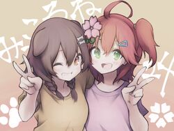  2girls ahoge animal_ears bad_id bad_twitter_id bone bone_hair_ornament braid brown_eyes brown_hair cherry_blossom_print cherry_blossoms commentary_request dog_ears dog_girl floral_print flower green_eyes hair_between_eyes hair_flower hair_ornament hairclip hololive hug inugami_korone medium_hair multiple_girls official_alternate_costume one_eye_closed one_side_up open_mouth paw_print paw_print_pattern pink_hair pink_shirt sakura_miko shirt tamasa_yamoto teeth tongue twin_braids v virtual_youtuber yellow_shirt 