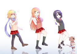  3girls absurdres black_footwear black_hair black_socks blonde_hair blue_scarf blush brown_eyes brown_footwear brown_hair closed_mouth commentary_request flying_sweatdrops gabriel_dropout green_eyes hair_ornament hair_over_one_eye highres kneehighs kurona_mei long_hair looking_at_another looking_at_viewer medium_hair multiple_girls one_eye_closed open_mouth pantyhose purple_eyes red_skirt scarf shinohara_chiaki short_hair skirt smile socks tapris_chisaki_sugarbell tapris_sugar_step tenma-gav very_long_hair x_hair_ornament 