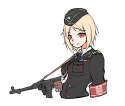  armedshipyard black_hat black_necktie blonde_hair breasts female girls&#039;_frontline gun hat holding holding_weapon looking_at_viewer medium_hair military military_hat military_uniform mp40 mp40_(girls&#039;_frontline) necktie open_mouth red_eyes shirt solo submachine_gun uniform weapon white_background white_shirt 