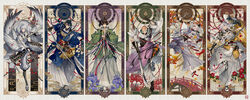  6+boys armor asa_no_ha_(pattern) beads black_gloves black_hair blue_eyes branch bridge brown_hair camellia cherry_blossoms chinese_zodiac earrings eyes_visible_through_hair finger_to_mouth fish flower folding_fan geta gloves goldfish hair_over_one_eye hakama hakama_skirt hand_fan hat highres hood ima-no-tsurugi iris_(flower) ishikirimaru iwatooshi japanese_armor japanese_clothes jewelry kariginu katana kogitsunemaru kusazuri long_hair low-tied_long_hair male_focus mandala mikazuki_munechika moon_phases multiple_boys naginata ootachi open_mouth orange_eyes orange_hair partially_fingerless_gloves petals plum_blossoms polearm pom_pom_(clothes) red_eyes sandals sayagata shide short_sword shoulder_armor skirt smile sode spider_lily standing standing_on_one_leg sword tabi tantou tengu-geta tokin_hat touken_ranbu tsurumaru_kuninaga very_long_hair weapon white_hair wings wisteria yamatsuki_sou yellow_eyes 