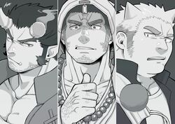  3boys arm_hair bara broken_horn chest_hair column_lineup cross_scar demon_boy demon_horns facial_hair fiery_horns greyscale harada_(basashi) hood hooded_jacket horns houzouin_oniwaka jacket long_sideburns looking_at_viewer male_focus mature_male monk monochrome multiple_boys muscular muscular_male oerba_yun_fang oni oni_horns pectoral_cleavage pectorals pointing pointing_at_self scar scar_on_face scar_on_forehead short_hair sideburns stubble takemaru_(housamo) thick_eyebrows tohno_motosumi tokyo_afterschool_summoners upper_body 