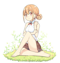  bare_arms bare_shoulders barefoot blush breasts brown_hair brown_skirt chinese_commentary closed_mouth collarbone collared_shirt commentary_request dress_shirt female full_body hair_between_eyes hair_bun hand_up hatsunatsu knee_up looking_at_viewer on_grass pleated_skirt red_eyes shirt sidelocks single_hair_bun sitting skirt sleeveless sleeveless_shirt small_breasts solo white_background white_shirt xiaoyuan_(you_can_eat_the_girl) you_can_eat_the_girl 