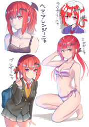  absurdres alternate_costume alternate_hairstyle bat_hair_ornament blush breasts cleavage closed_mouth female gabriel_dropout hair_ornament highres large_breasts looking_at_viewer multiple_views navel necktie red_eyes red_hair red_necktie satanichia_kurumizawa_mcdowell smile tenma-gav translation_request 