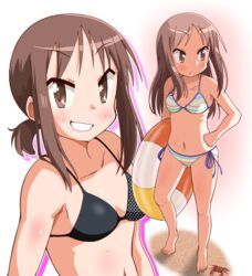  barefoot bikini black_bikini brown_eyes brown_hair commentary_request crab female grin innertube ki_(adotadot) long_hair looking_at_viewer multiple_views okano_kei side-tie_bikini_bottom sidelocks simple_background smile standing striped_bikini striped_clothes swim_ring swimsuit upper_body white_background yuyushiki 