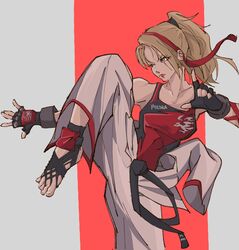  barefoot belt black_belt black_gloves black_scrunchie blonde_hair blue_eyes breasts clothes_around_waist dougi female fighting_stance fingerless_gloves gloves grey_background hair_ornament hair_scrunchie hairband high_kick highres karate karate_gi kicking leg_up liam_hull lidia_sobieska long_hair martial_arts_belt medium_breasts red_background red_hairband red_tank_top scar scar_across_eye scar_on_face scrunchie solo standing standing_on_one_leg studded_gloves tank_top tekken tekken_7 toes two-tone_background 