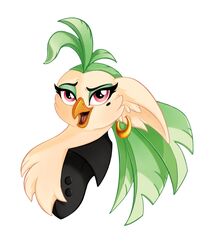  2021 anthro avian beak bird bust_portrait captain_celaeno_(mlp) chest_tuft clothing ear_piercing ear_ring eyebrows eyelashes feather_hair feathers female friendship_is_magic green_body green_feathers hasbro hi_res inner_ear_fluff lidded_eyes markings mole_(marking) my_little_pony my_little_pony:_the_movie_(2017) open_beak open_mouth parrot piercing portrait pseudo_hair red_eyes ring_piercing simple_background sneepy solo tan_body tan_feathers tuft white_background 