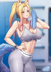  ahri_(league_of_legends) animal_ear_fluff animal_ears bare_shoulders blonde_hair blue_eyes blurry blurry_background blush breasts cleavage clothes_writing collarbone commentary covered_nipples cowboy_shot crystal_tail facial_mark female fox_ears fox_girl gonster grey_leggings grey_sports_bra hand_on_own_hip highres holding holding_towel indoors k/da_(league_of_legends) k/da_ahri large_breasts league_of_legends leggings locker locker_room long_hair looking_at_viewer midriff navel open_mouth signature solo sports_bra standing tail towel whisker_markings wristband 