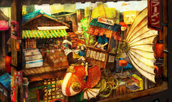  1boy 2girls aircraft apron awning balancing banner blue_kimono bowl box brown_hair building chimney city clothes_hanger commentary crop_top fantasy fish food food_stand freezer fruit gears glass_float gloves goldfish head_scarf highres holding japanese_clothes jar jatomaru kimono lantern laundry laundry_pole midriff multiple_girls nobori noren old old_woman open_mouth orange_(fruit) original outdoors paper_balloon paper_lantern photoshop_(medium) poster_(object) power_lines riding scenery shop short_hair short_sleeves shorts sign stack stairs steering_wheel stool storefront tasuki tile_roof unconventional_vehicle utility_pole wide_shot yatai 