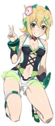  akatsuki_kirika bare_shoulders blonde_hair blush breasts choker cleavage commentary_request female flower full_body green_eyes hair_flower hair_ornament hairclip hal-bard high_heels highres kneeling looking_at_viewer medium_breasts navel parted_lips senki_zesshou_symphogear shiny_skin short_hair shorts simple_background smile solo teeth v white_background white_shorts 