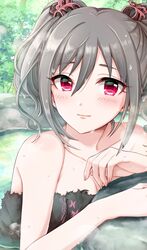  black_towel blush breasts cleavage collarbone female grey_hair highres idolmaster idolmaster_cinderella_girls kanzaki_ranko light_smile looking_at_viewer naked_towel onsen outdoors parted_lips partially_submerged popon_ta red_eyes solo towel twintails water_drop 