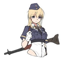  armedshipyard battle_rifle black_necktie blonde_hair blue_hat breasts closed_mouth eyewear_in_mouth female fg42 fg42_(girls&#039;_frontline) girls&#039;_frontline gloves grey_eyes gun hat long_hair looking_at_viewer machine_gun military military_hat military_uniform mouth_hold necktie rifle shirt small_breasts solo uniform weapon weapon_on_back white_background white_gloves white_shirt 