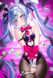  ace_(playing_card) ace_of_clubs ace_of_spades ahoge animal_ears arm_strap bare_shoulders black_leotard black_pantyhose black_ribbon blue_eyes blue_hair blush bondage bondage bound bow bowtie breasts card chest_harness clothing_cutout club_(shape) colored_inner_hair commentary_request condom cuffs eyelashes fake_animal_ears female fishnet_pantyhose fishnets hair_between_eyes hair_ornament hair_ribbon hairband handcuffs harness hatsune_miku heart heart-shaped_pupils heart_cutout highres leotard long_hair lying memu_0113 multicolored_hair naughty_face pantyhose pink_bow pink_bowtie pink_hair pink_ribbon playboy_bunny playing_card rabbit_ears rabbit_hole_(vocaloid) ribbon sex_toy signature skindentation small_breasts solo spade_(shape) sweat symbol-shaped_pupils teardrop_facial_mark thigh_strap tongue tongue_out twintails two-tone_hair very_long_hair vibrator vocaloid white_hairband x_hair_ornament 