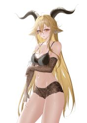  absurdres animal_ears arknights bare_shoulders black_bra blonde_hair boyshort_panties bra breasts commentary_request cowboy_shot degenbrecher_(arknights) dlnk female goat_ears goat_girl goat_horns hair_between_eyes highres horns lingerie long_hair medium_breasts navel simple_background stomach thighs underwear very_long_hair white_background yellow_eyes 