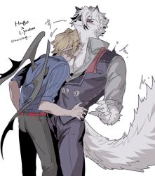  2boys bat_wings black_vest blonde_hair blue_shirt blush body_fur claws commentary_request cowboy_shot face_to_pecs furry furry_male furry_with_non-furry grey_fur highres hugo_vlad interspecies male_focus mensang multiple_boys pectoral_cleavage pectorals pointy_ears red_eyes shirt short_hair simple_background tail vampire vest von_lycaon white_background white_hair wings wolf_boy yaoi zenless_zone_zero 