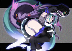  armpits ass bare_shoulders black_sleeves black_thighhighs blue_hair colored_sclera colored_skin commentary_request crossover dusk_ball female film_grain from_below fu-ta ghost ghost_miku_(project_voltage) glowing grey_shirt hatsune_miku holding holding_poke_ball long_hair long_sleeves looking_at_viewer misdreavus panties partial_commentary pleated_skirt poke_ball pokemon pokemon_(creature) project_voltage purple_skin red_eyes shirt skirt static striped_clothes striped_panties thighhighs twintails underwear very_long_hair vocaloid yellow_sclera 