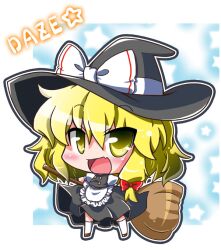  bad_id bad_pixiv_id blonde_hair blush braid broom chibi female hat kirisame_marisa long_hair noai_nioshi open_mouth skirt smile solo touhou witch_hat yellow_eyes ze_(phrase) 