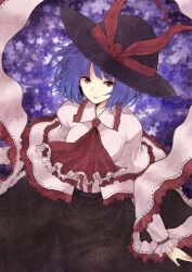  commentary_request female hat nagae_iku necktie purple_hair red_eyes shawl shirt short_hair skirt smile solo touhou urin 