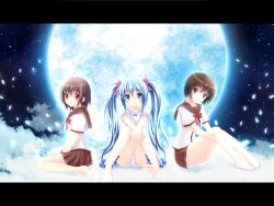  3girls ahoge bad_id bad_pixiv_id barefoot blue_eyes blue_hair blue_moon brown_eyes brown_hair brown_skirt cloud denpa_onna_to_seishun_otoko feet full_moon hair_ribbon hugging_own_legs koro_(basarafire) letterboxed long_hair maekawa mifune_ryuuko moon multiple_girls night panties pantyshot petals polka_dot polka_dot_panties red_eyes ribbon school_uniform short_hair sitting skirt star_(sky) touwa_erio twintails underwear very_long_hair white_panties 