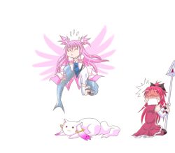  3girls :&lt; :3 ^_^ blue_eyes blue_hair cape chibi closed_eyes commentary_request fangs kaname_madoka kisaragi_ryou_(sougetsu-tei) kyuubee long_hair magical_girl mahou_shoujo_madoka_magica mahou_shoujo_madoka_magica_(anime) mermaid miki_sayaka miki_sayaka_(magical_girl) monster_girl monsterification multiple_girls polearm ponytail red_hair sakura_kyoko sakura_kyoko_(magical_girl) short_hair spear spoilers thighhighs ultimate_madoka weapon white_cape 