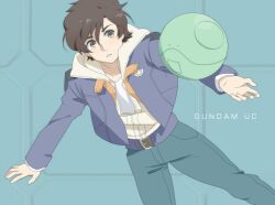  1boy banagher_links brown_eyes brown_hair commentary_request gundam gundam_unicorn haro hayato_(meromoni) hood hoodie jacket male_focus solo 