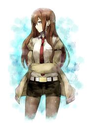  belt black_shorts blue_eyes brown_hair female jacket long_hair makise_kurisu necktie pantyhose pantyhose_under_shorts pout puyo_(puyotopia) red_necktie shorts solo steins;gate 