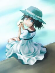  bad_id bad_pixiv_id black_hair blue_eyes cometch dress eating female food hat looking_back onigiri shiina_mayuri short_hair sitting solo steins;gate 