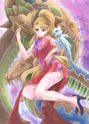  alternate_costume alternate_hairstyle bird blonde_hair byunei china_dress chinese_clothes commentary_request dragon dress female high_heels high_ponytail long_hair momoko_(nihontou) pantyhose pointy_ears ponytail red_eyes romancing_saga romancing_saga_3 saga shoes side_slit smile very_long_hair 