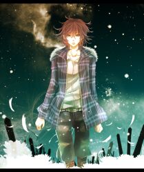  1boy brown_hair chrysanthemum collarbone commentary_request crossed_bangs falling_petals flower fur-trimmed_hood fur_trim graveyard hood hood_down jacket koide_natsuno leg_tattoo letterboxed male_focus nebula night night_sky open_clothes open_jacket petals plaid plaid_jacket rita_(poribucket) shiki_(novel) sky snow snowing solo sotoba star_(sky) starry_sky tattoo white_flower 