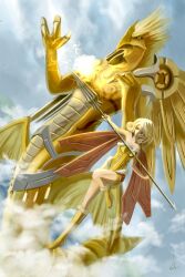  blonde_hair cloud commentary_request day electricity female flying highres lance monster original polearm poo_(saku) short_hair weapon wings 