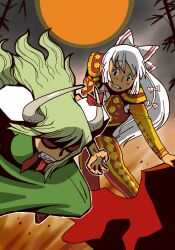  2girls alternate_costume angry bullfighting commentary_request ex-keine fujiwara_no_mokou full_moon green_hair horns jpeg_artifacts kamishirasawa_keine long_hair matador moon muleta multiple_girls onikobe_rin touhou white_hair 