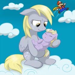  1:1 bodily_fluids cloud crossover crying cutie_mark derpy_hooves dinky_hooves_(mlp) equid equine feathered_wings feathers female feral friendship_is_magic full_of_daww grey_body grey_feathers group hair hasbro hi_res horn male mammal mario mario_bros my_little_pony mythological_creature mythological_equine mythology nintendo outside pegasus sky skyscape tail tears unicorn unknown_artist wings young young_feral 