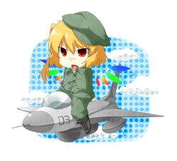  aircraft airplane bad_id bad_pixiv_id blonde_hair chibi eiri_(eirri) f-16_fighting_falcon female fighter_jet flandre_scarlet hat jet military military_vehicle oerba_yun_fang open_mouth red_eyes side_ponytail solo touhou vehicle_focus wings 