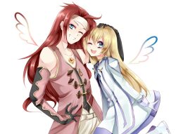  1boy blonde_hair colette_brunel commentary_request female hand_on_another&#039;s_head highres kurabayashi long_hair one_eye_closed red_hair tales_of_(series) tales_of_symphonia zelos_wilder 