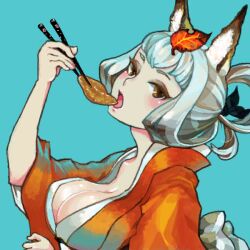  aburaage animal_ears bad_drawr_id bad_id bad_link breasts brown_eyes chopsticks duplicate eating eyeshadow female food fox_ears hair_ribbon japanese_clothes kaworu kimono kongiku large_breasts leaf leaf_on_head makeup oboro_muramasa oekaki open_mouth pixel-perfect_duplicate ribbon silver_hair simple_background solo 