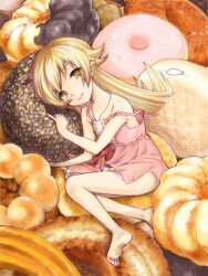  angel_french bakemonogatari barefoot blonde_hair commentary_request doughnut dress feet female food french_cruller in_food long_hair lying mini_person minigirl monogatari_(series) naginata_yukishige old-fashioned_doughnut oshino_shinobu oversized_object pon_de_ring solo strap_slip sundress yellow_eyes 