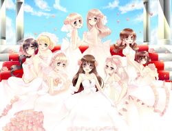  6+girls axis_powers_hetalia bad_id bad_pixiv_id belarus_(hetalia) belgium_(hetalia) blonde_hair brown_hair dress gown highres hungary_(hetalia) kurabayashi liechtenstein_(hetalia) multiple_girls petals principality_of_wy_(hetalia) seychelles_(hetalia) stairs taiwan_(hetalia) ukraine_(hetalia) vietnam_(hetalia) wedding_dress white_dress 