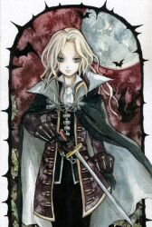  1boy alucard_(castlevania) ascot bat_(animal) bishounen blonde_hair cape castlevania:_symphony_of_the_night castlevania_(series) chains commentary_request full_moon long_hair male_focus moon painting_(medium) pinkxxxna plant solo sword thorns traditional_media vines watercolor_(medium) weapon 