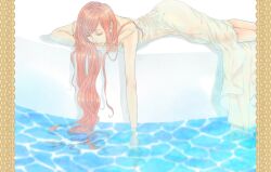  colored_eyelashes dress female highres kana_(mr_hahn) lips long_hair lying megurine_luka on_stomach outstretched_arm photoshop_(medium) pink_hair soaking_hands solo vocaloid water 