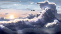  aircraft airplane bomber cloud commentary flying g4m gyan_(akenosuisei) military military_vehicle no_humans original scenery sky sun sunset world_war_ii 