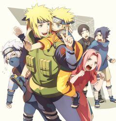  5boys aged_down black_hair blonde_hair blue_eyes closed_eyes commentary_request father_and_son female forehead_protector green_eyes happy hatake_kakashi headband mask multiple_boys namikaze_minato naruto naruto_(series) naruto_shippuuden oba-min photoshop_(medium) pink_hair sai_(naruto) sakura_haruno short_hair smile spiked_hair team_7_(naruto) time_paradox uchiha_sasuke uzumaki_naruto white_hair 