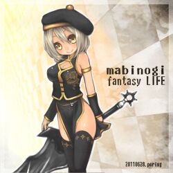  arm_warmers armlet bad_id bad_pixiv_id beret black_thighhighs blush breasts cleavage_cutout clothing_cutout female grey_hair hat head_tilt mabinogi medium_breasts miyamae_porin original player_character_(mabinogi) side_slit solo standing sword thighhighs weapon yellow_eyes 