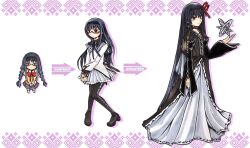  akemi_homura akemi_homura_(magical_girl) black_hair boots braid commentary_request dress evolution female glasses gown long_hair mahou_shoujo_madoka_magica mahou_shoujo_madoka_magica_(anime) pantyhose photoshop_(medium) red-framed_eyewear thigh_boots thighhighs twin_braids uniform yuriwhale 